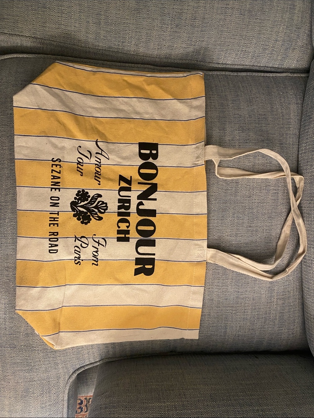 Sezane Yellow & Cream Striped BONJOUR Zurich Tote